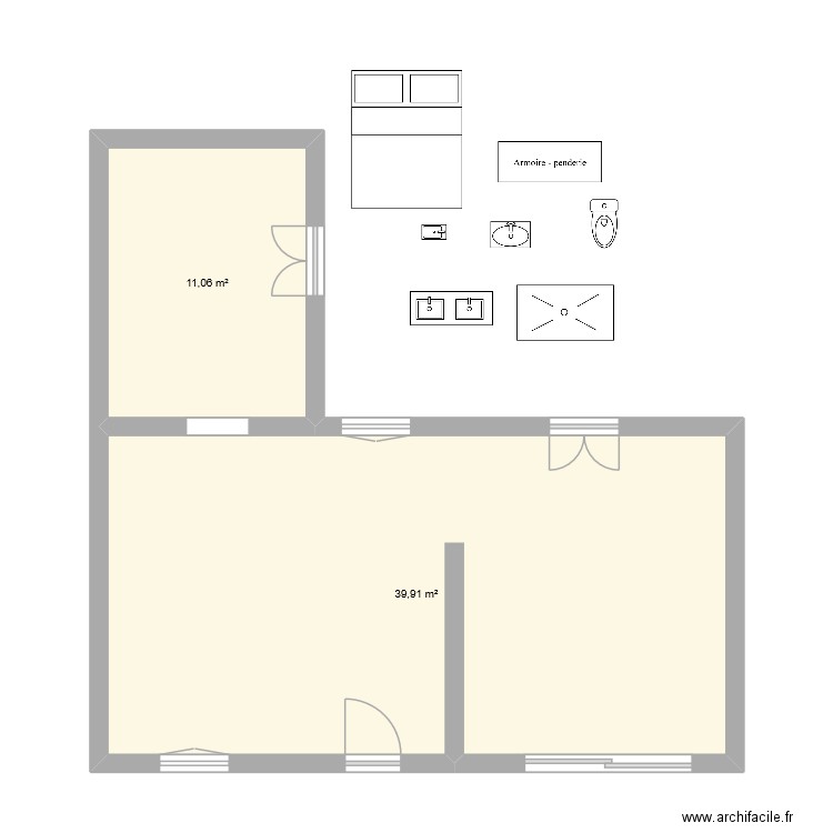plan nu. Plan de 2 pièces et 51 m2