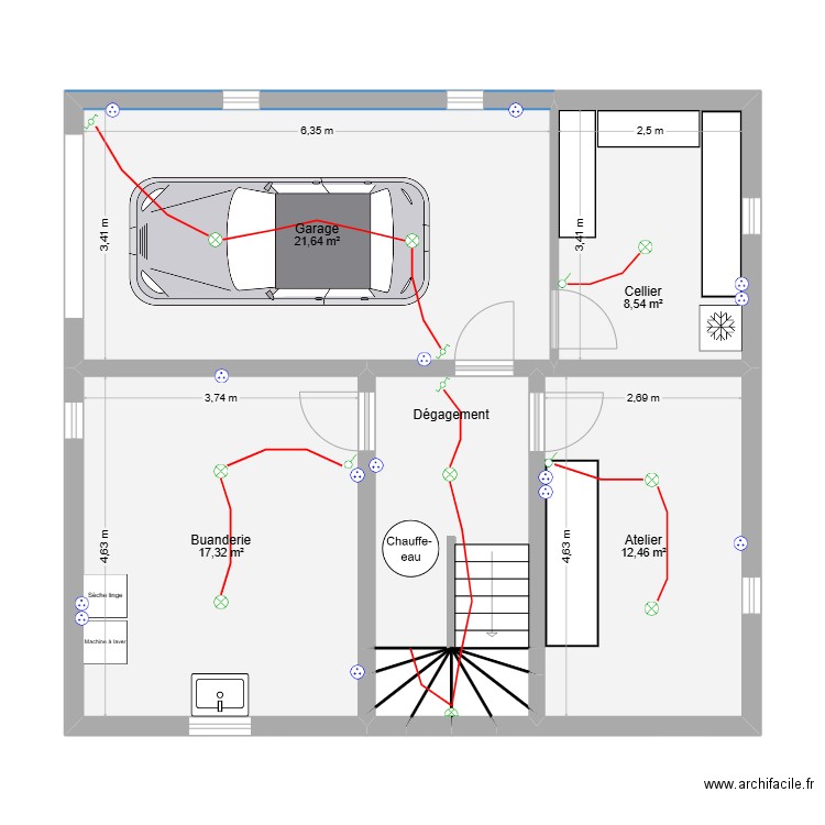 Sous-sol elec. Plan de 13 pièces et 70 m2