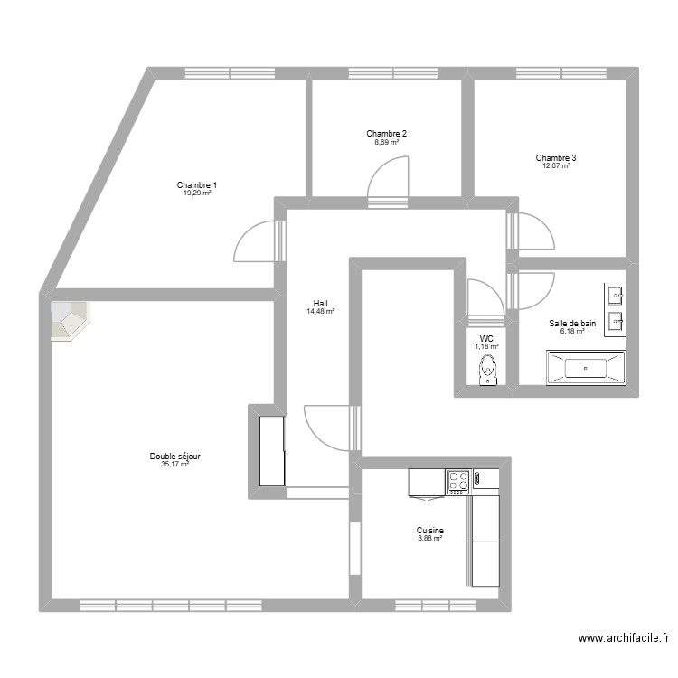 appart. Plan de 8 pièces et 106 m2