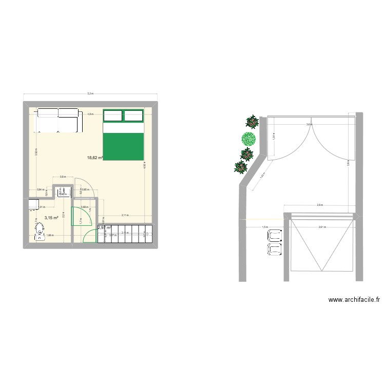 1er étage. Plan de 3 pièces et 25 m2