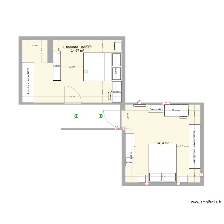 Chambres enfants 2. Plan de 2 pièces et 29 m2