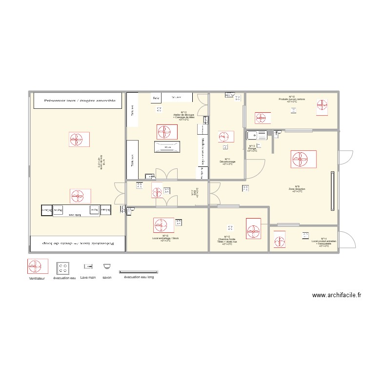Plan 2 produits emballés et nus / stockage. Plan de 10 pièces et 64 m2