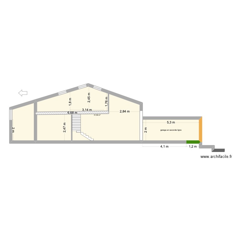 coupe. Plan de 4 pièces et 57 m2