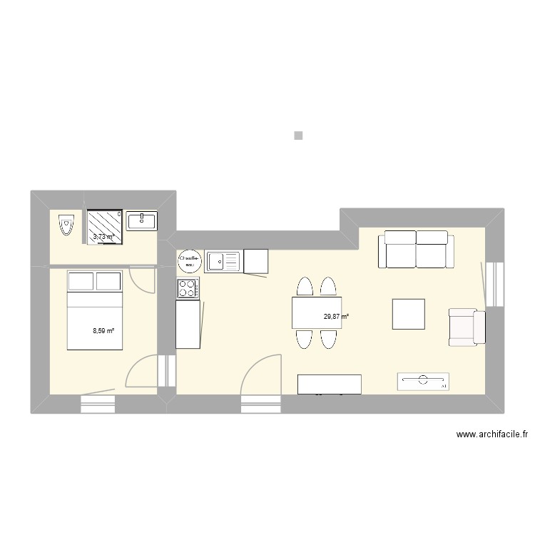 avec meuble gare d'eau coté. Plan de 3 pièces et 42 m2