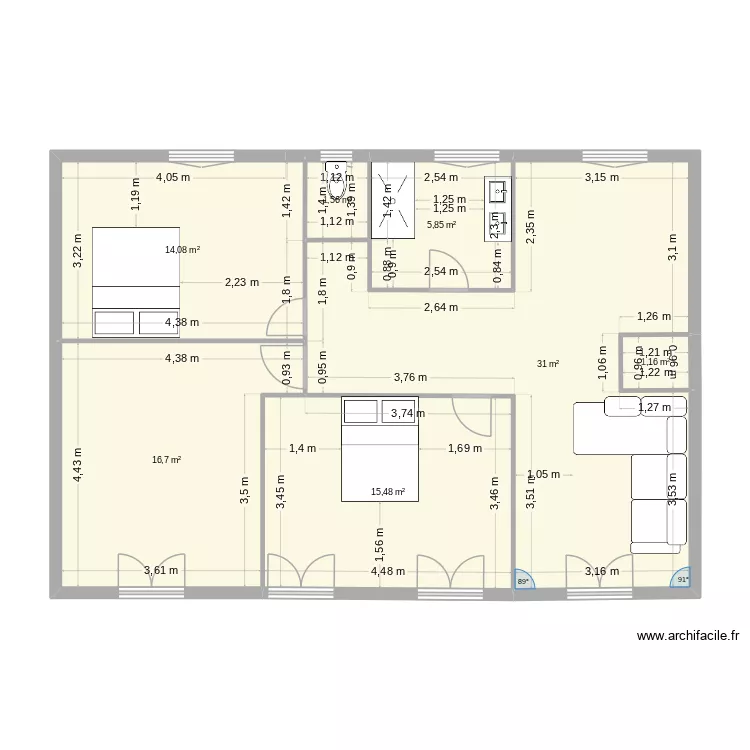 actuel2. Plan de 7 pièces et 86 m²