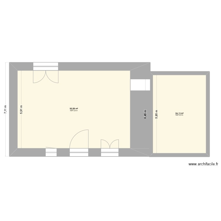 grée basse. Plan de 2 pièces et 75 m2