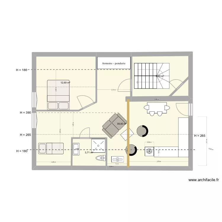 Montalieu meubl&eacute; cuisine. Plan de 4 Pièces et 65 m²