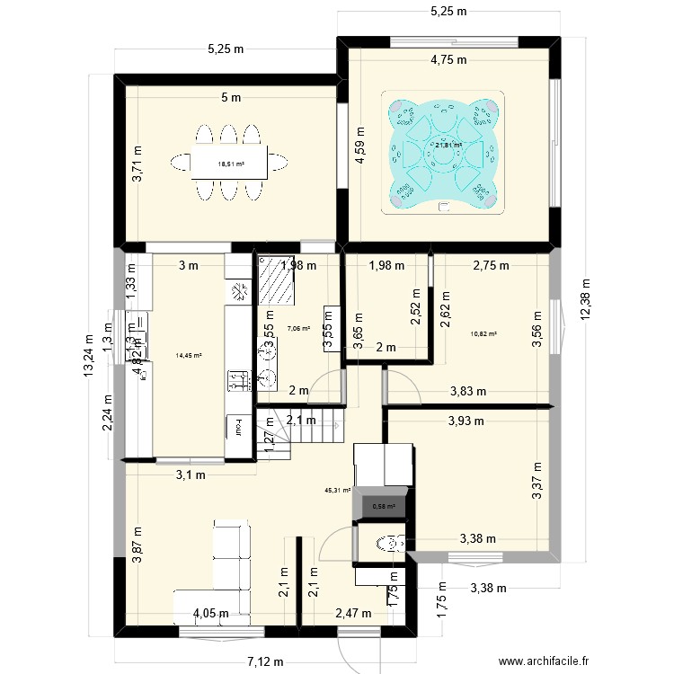Version aménagée. Plan de 7 pièces et 120 m2