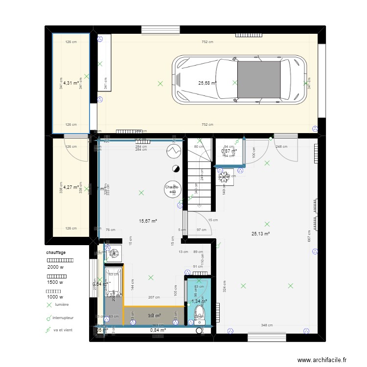 garage. Plan de 15 pièces et 82 m2