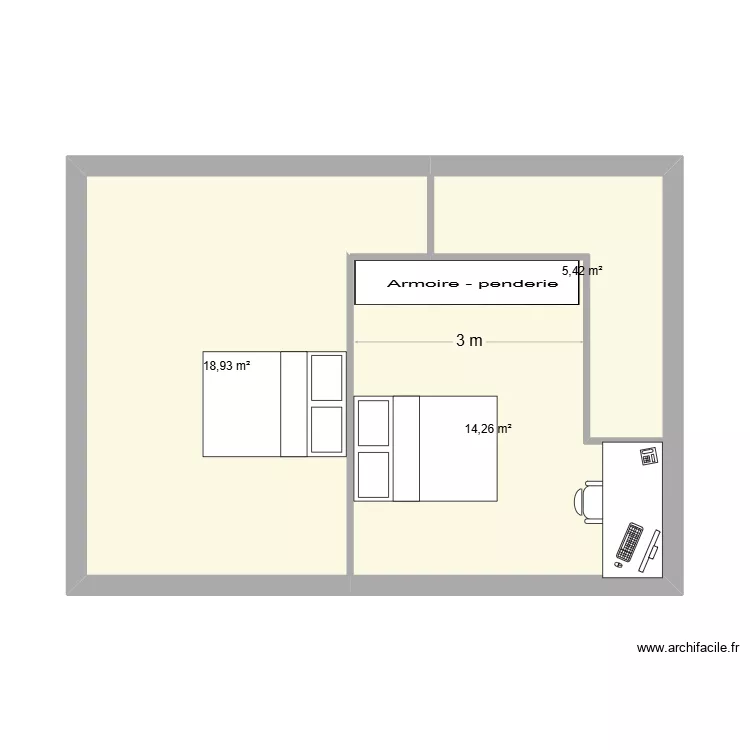 CHAMBRES 1-2. Plan de 3  et 39 m²