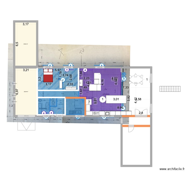 De panne Maison V4. Plan de 9 pièces et 65 m2