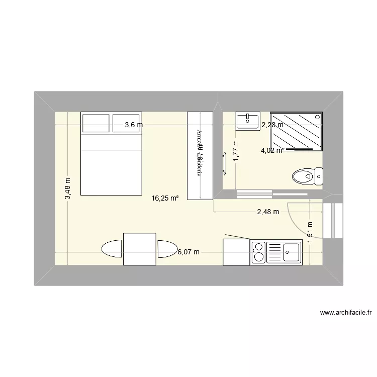 Studio. Plan de 2  et 20 m²