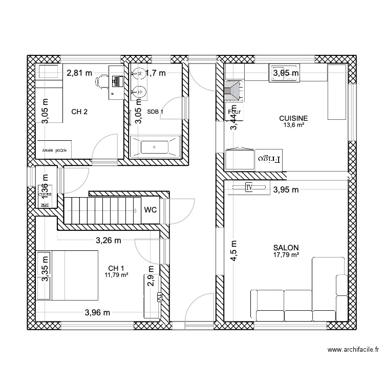MAISON. Plan de 7 pièces et 74 m2