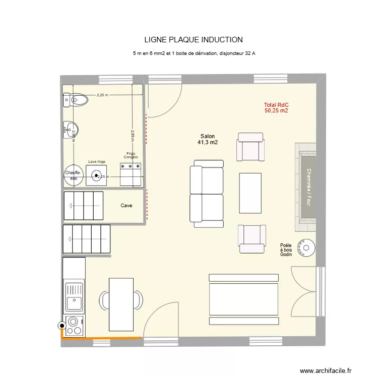 Ligne Plaque &agrave; induction. Plan de 3 pièces et 50 m²