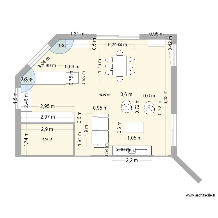 Salon v1. Plan de 2 pièces et 51 m2