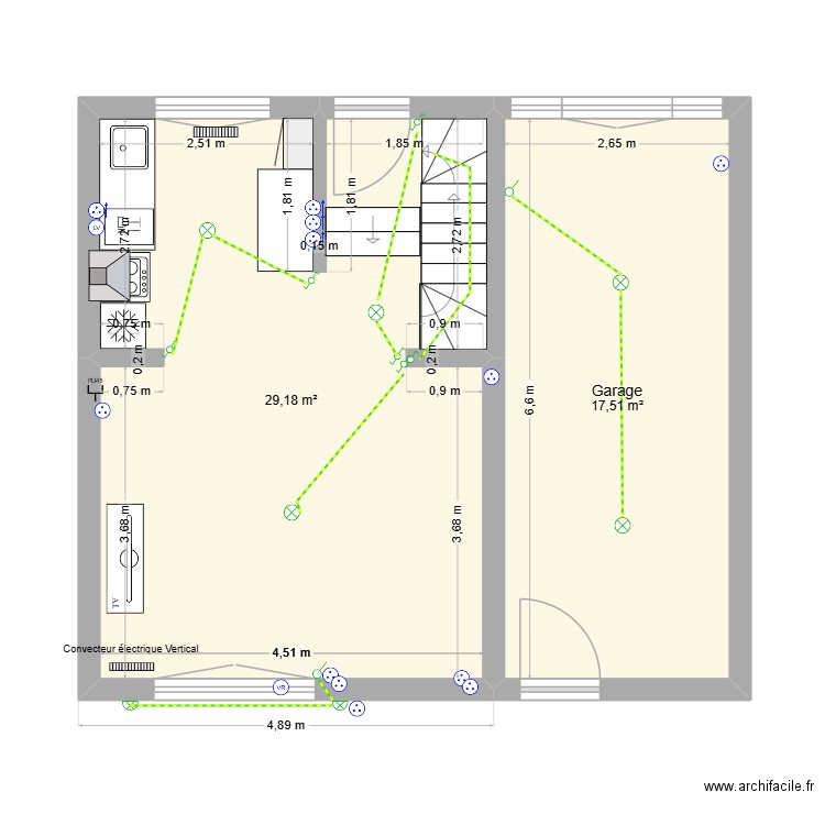 Concarneau RdC electricité. Plan de 2 pièces et 47 m2