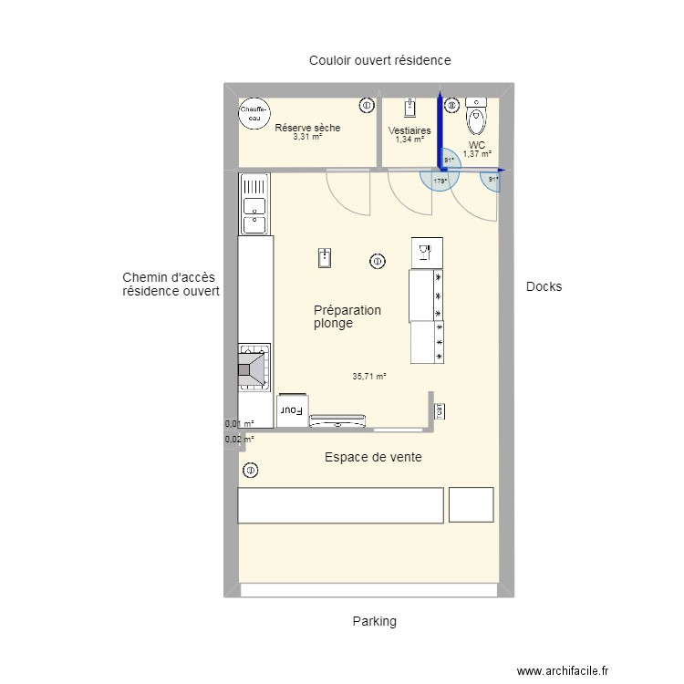 Local Pizza 8. Plan de 6 pièces et 42 m2