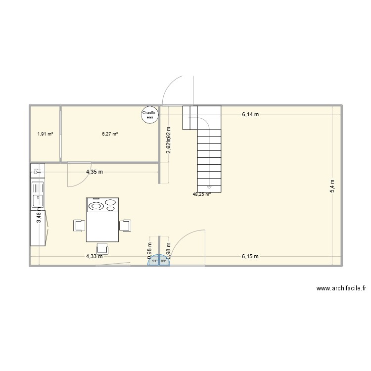 Projet cuisine. Plan de 3 pièces et 56 m2