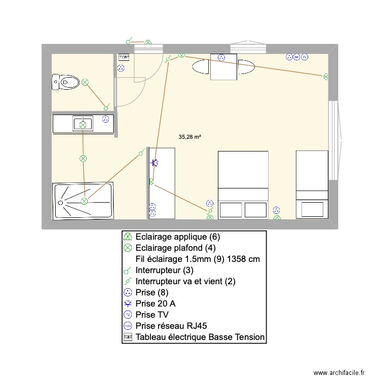 chambre type 2 Biot . Plan de 1 pièce et 35 m2