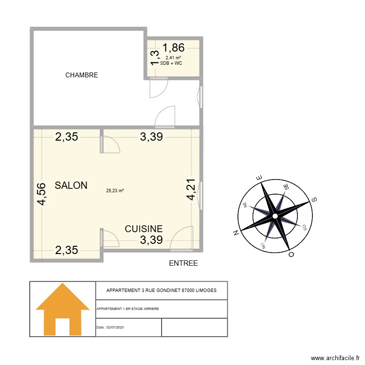1 er etage arriere gondinet. Plan de 2 pièces et 28 m2