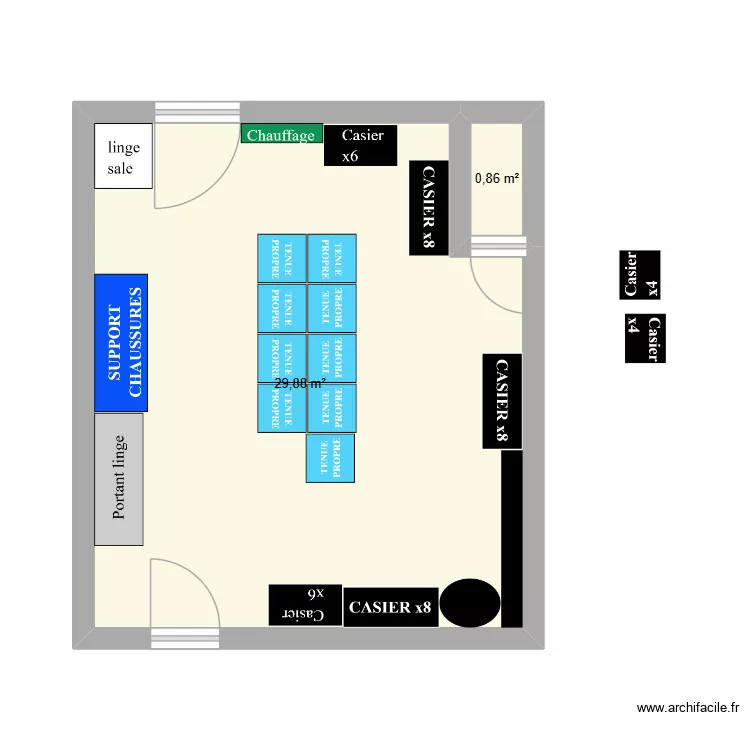 VESTIAIRES Femmes. Plan de 2  et 31 m²