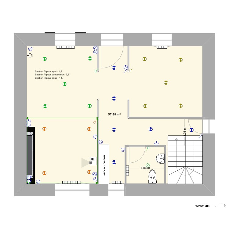 Braspart-rdc-elec. Plan de 1 pièce et 58 m2