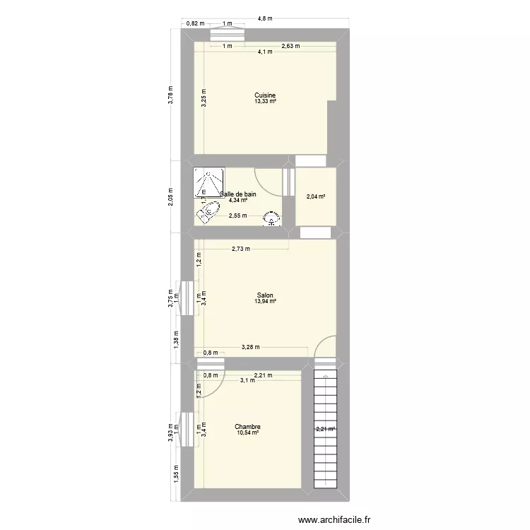 Appart 3. Plan de 6 pièces et 46 m²