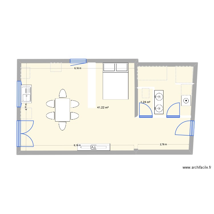 CLEM. Plan de 2 pièces et 42 m2