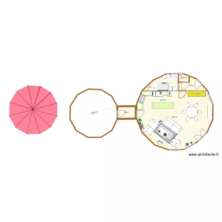 d&Eacute;BUT AM&Eacute;NAGEMENT yourte seule. Plan de 5  et 58 m²