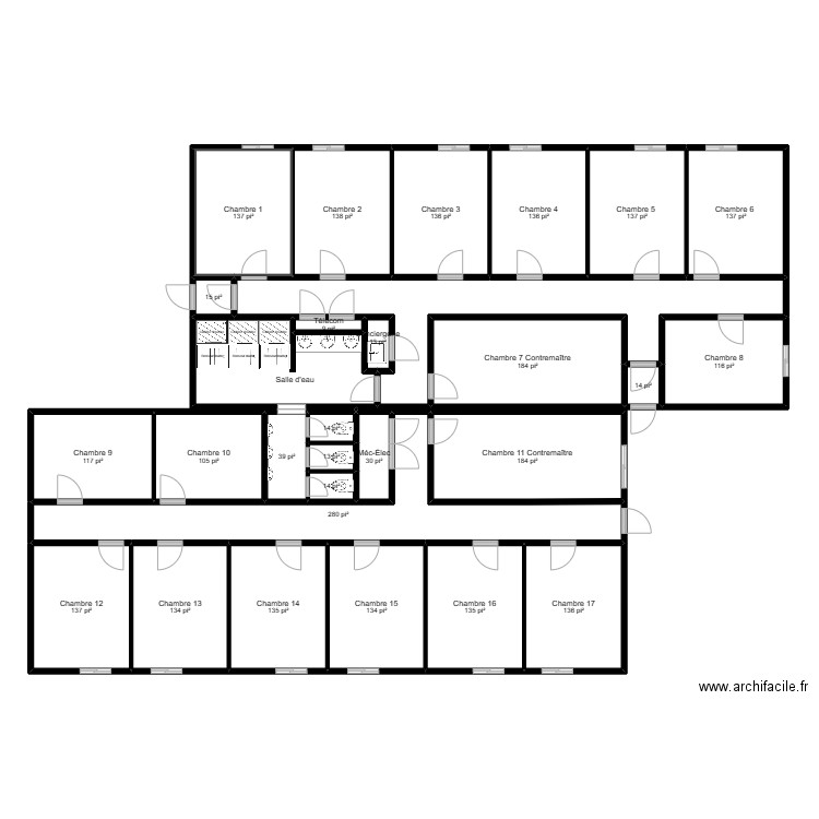 14 modifier en 17personnes. Plan de 29 pièces et 298 m2