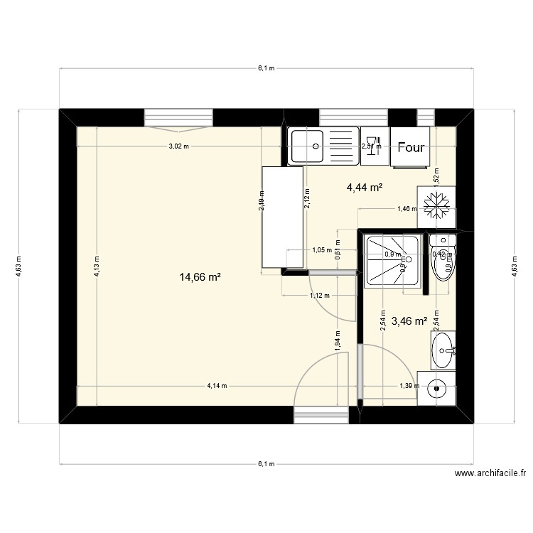 Marguerite 4. Plan de 3 pièces et 23 m2
