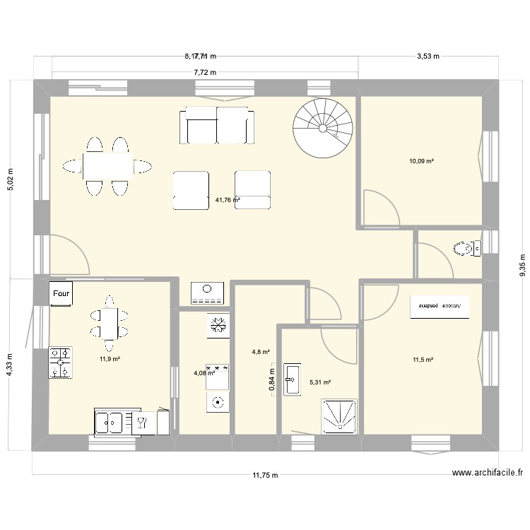 plan avec facade nord. Plan de 7 pièces et 89 m2