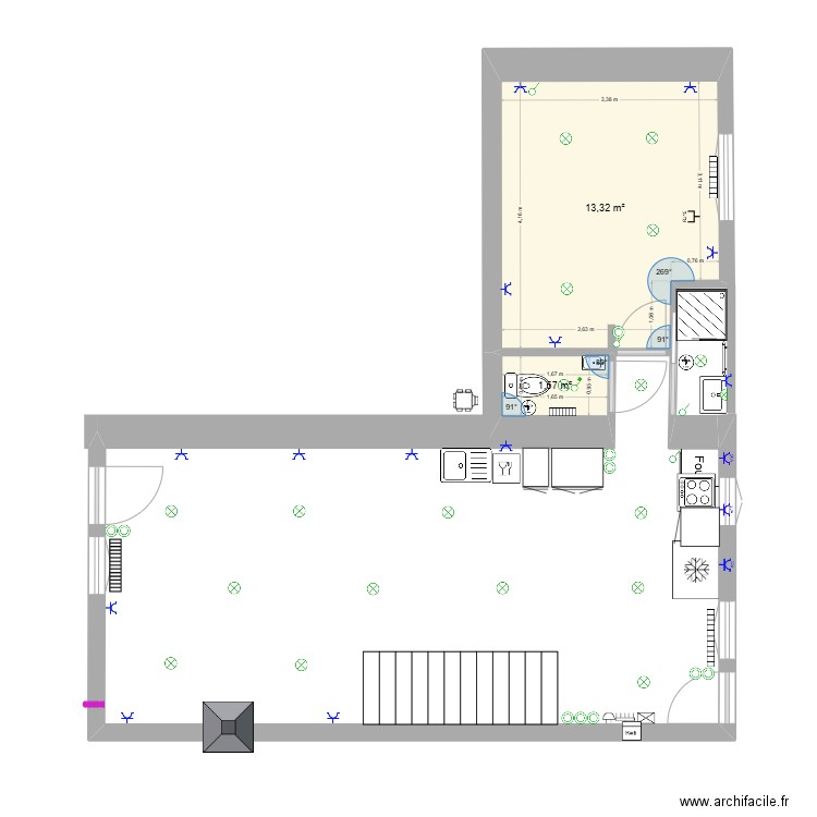 RDC elec et aménagements sans accès garage. Plan de 2 pièces et 15 m2