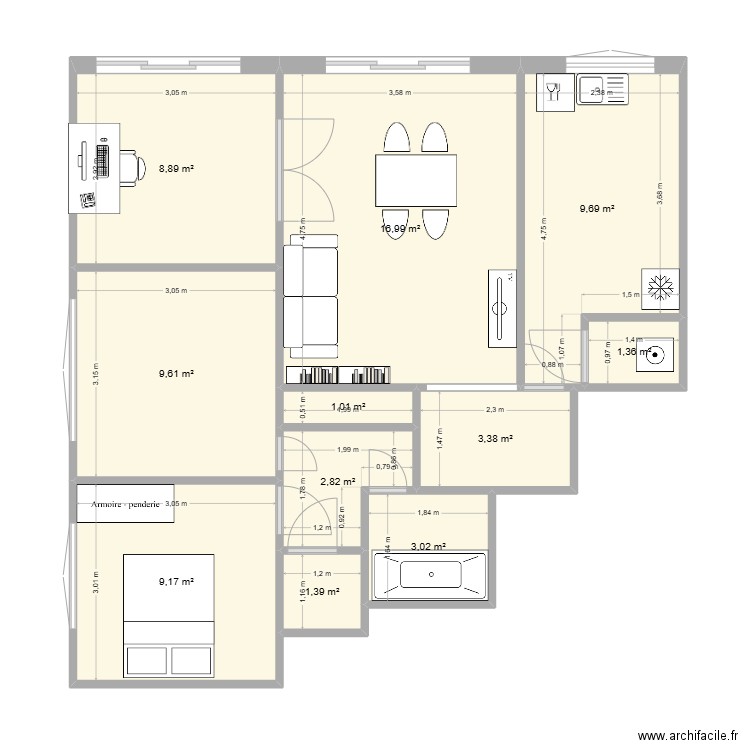 appart. Plan de 11 pièces et 70 m2