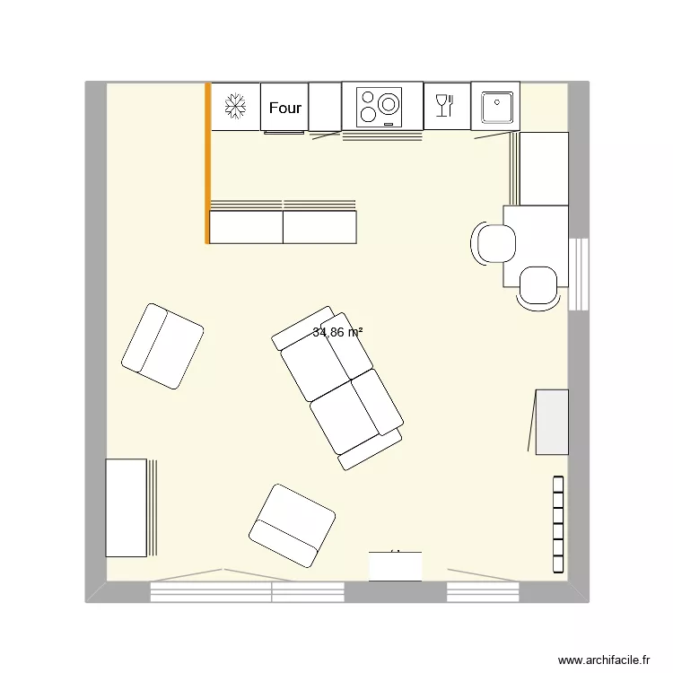 s&eacute;jour cuisine variante. Plan de 1  et 35 m²