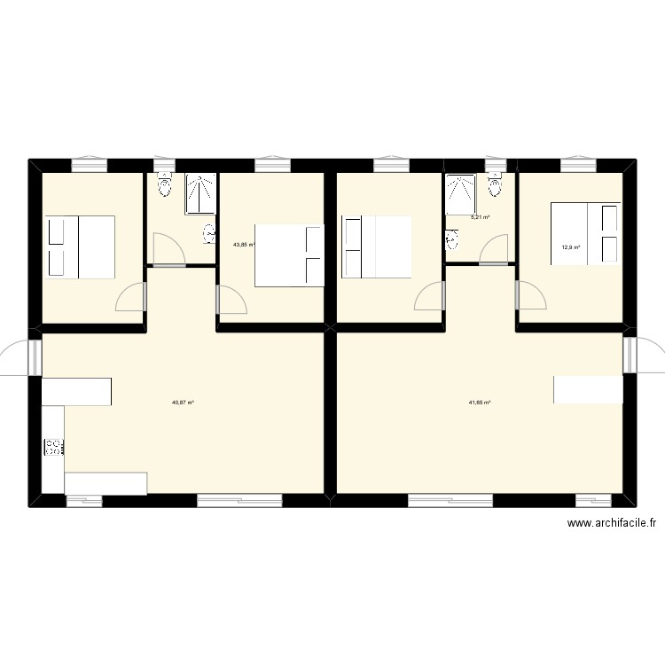 Maison double T3. Plan de 5 pièces et 144 m2