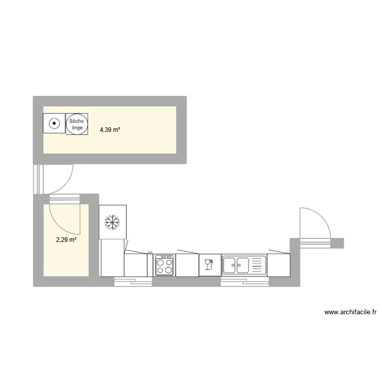 cuisine hiesse mur cass&eacute;. Plan de 2  et 7 m²