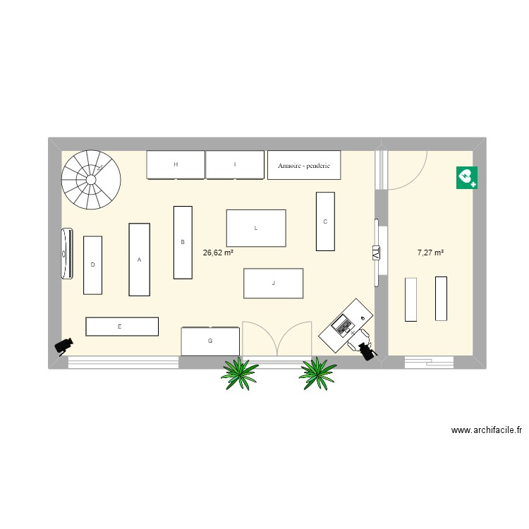 magasin. Plan de 2 pièces et 34 m2
