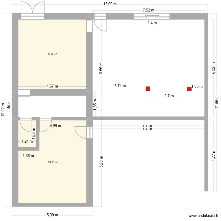 RDC Bod1. Plan de 2 pièces et 46 m2