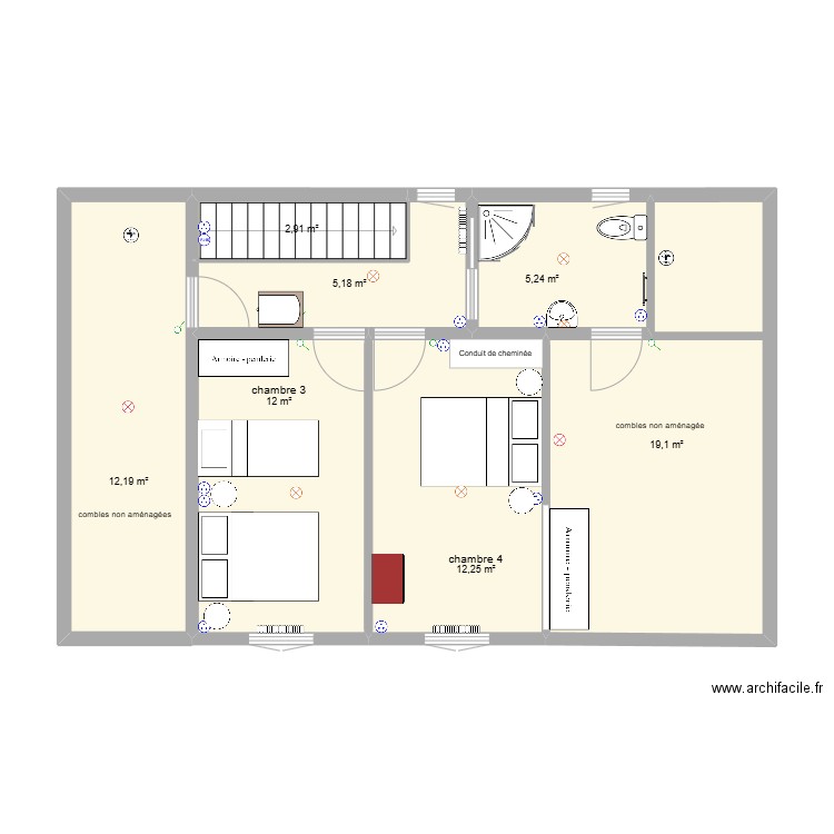 Chantelac R+2 PRUNIERES amenagement Final. Plan de 7 pièces et 69 m2