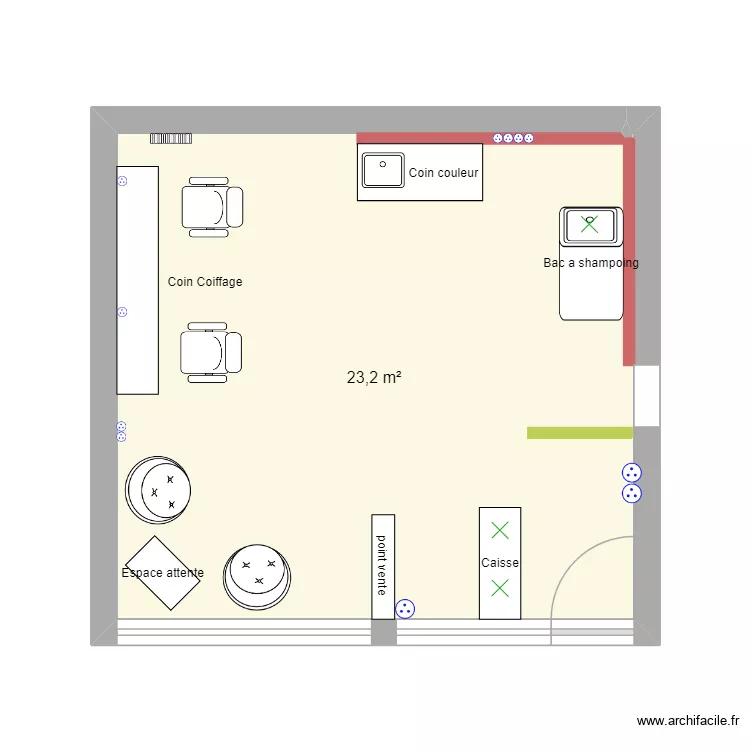 Salon de coiffure. Plan de 1 pièce et 23 m²