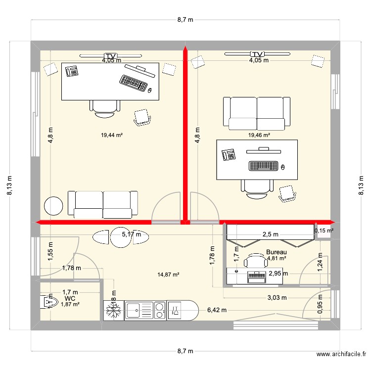 1138 STUDIO. Plan de 6 pièces et 61 m2