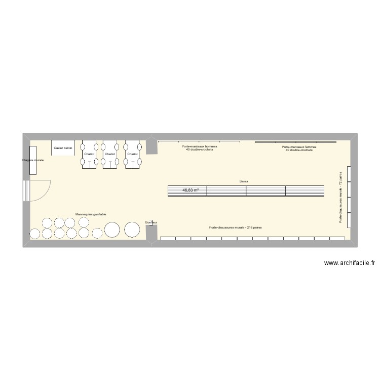 local rangement matériel sportif. Plan de 1 pièce et 47 m2