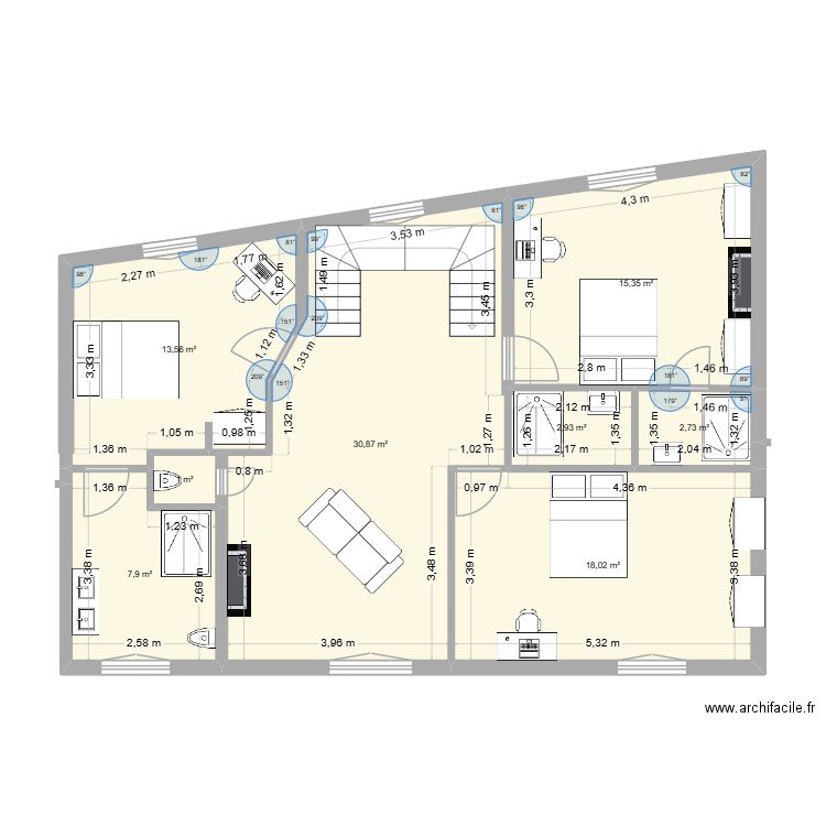 plan Dulud 2eme etage variante2. Plan de 8 pièces et 92 m2