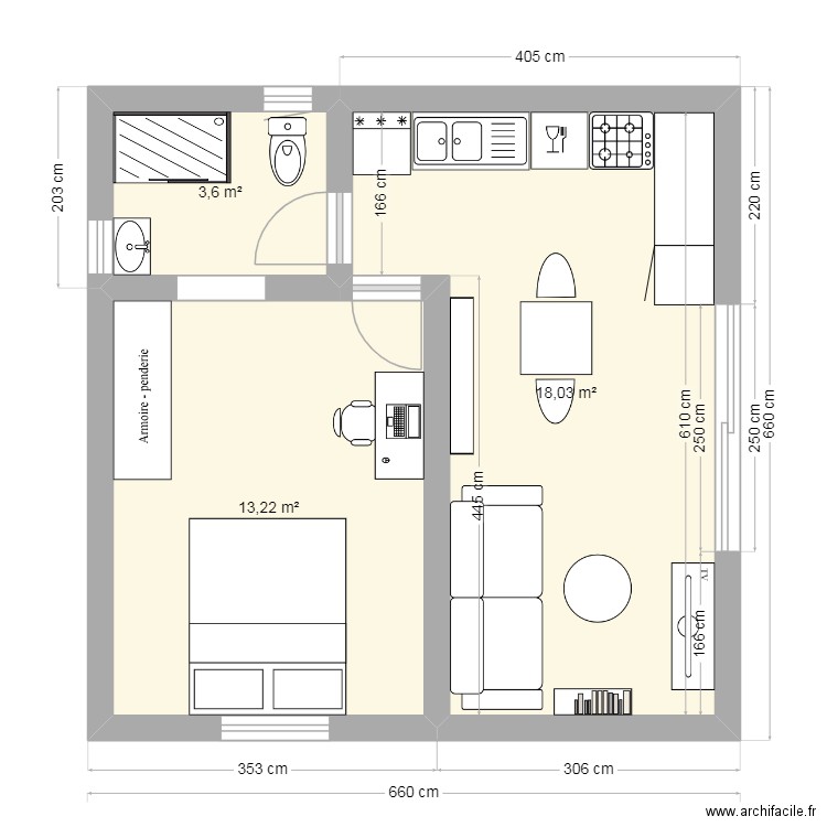 MODULE 35  I Version 2 projet aménagement. Plan de 3 pièces et 35 m2