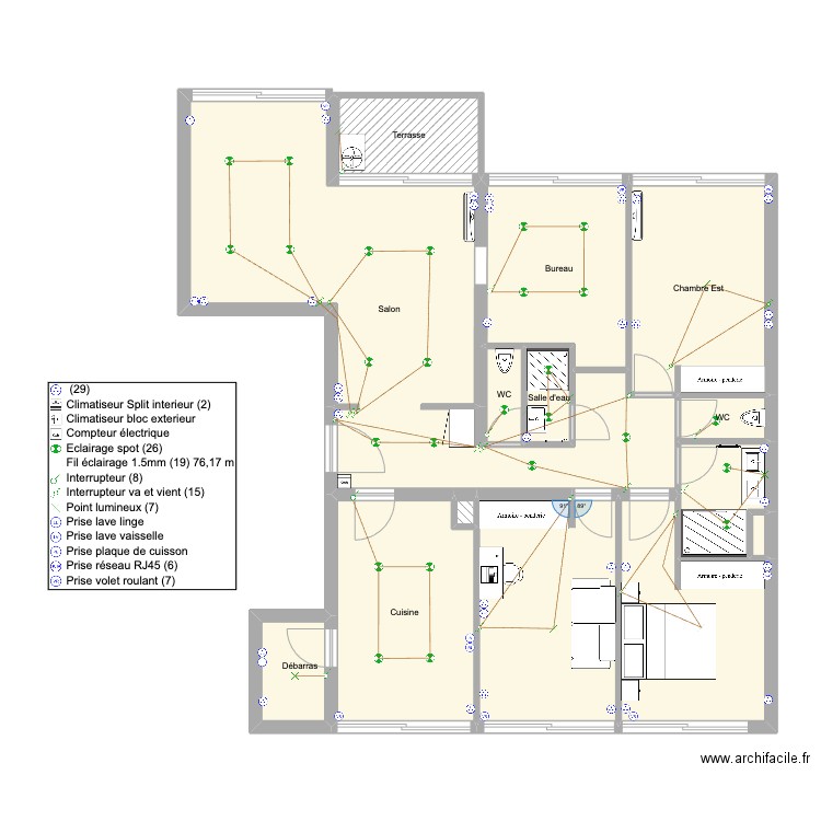 Chane Waye. Plan de 14 pièces et 114 m2
