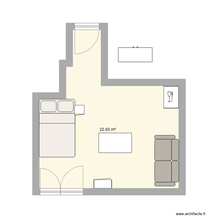 Lit vers armoire. Plan de 1  et 23 m²