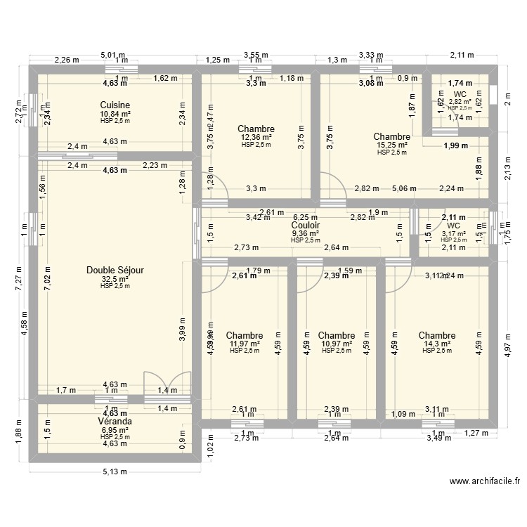 Nouveau plan de 14*11=154m2. Plan de 11 pièces et 131 m2