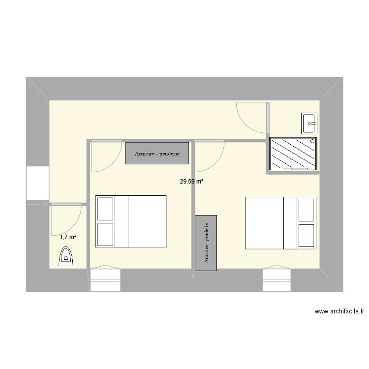 pouledan étage. Plan de 2 pièces et 31 m2
