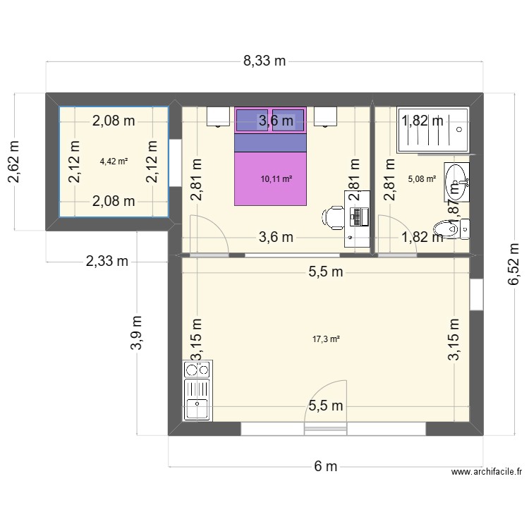 studio. Plan de 4 pièces et 37 m2